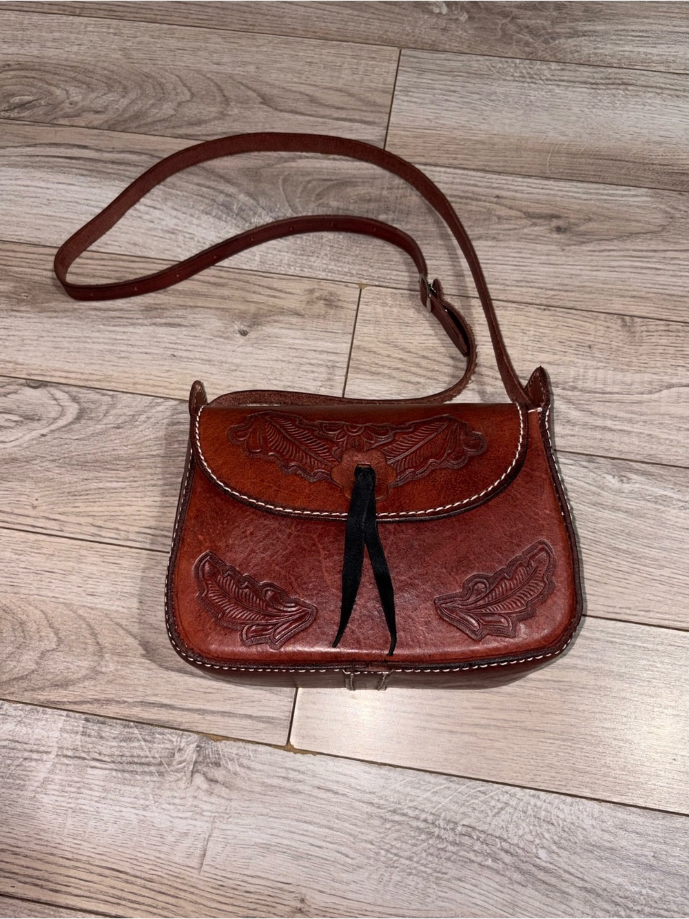 Vintage Brown Tooled Leather Crossbody Bag - Brown